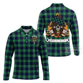 Abercrombie Tartan Long Sleeve Polo Shirt with Family Crest and Bearded Skull Holding Bottles of Whiskey