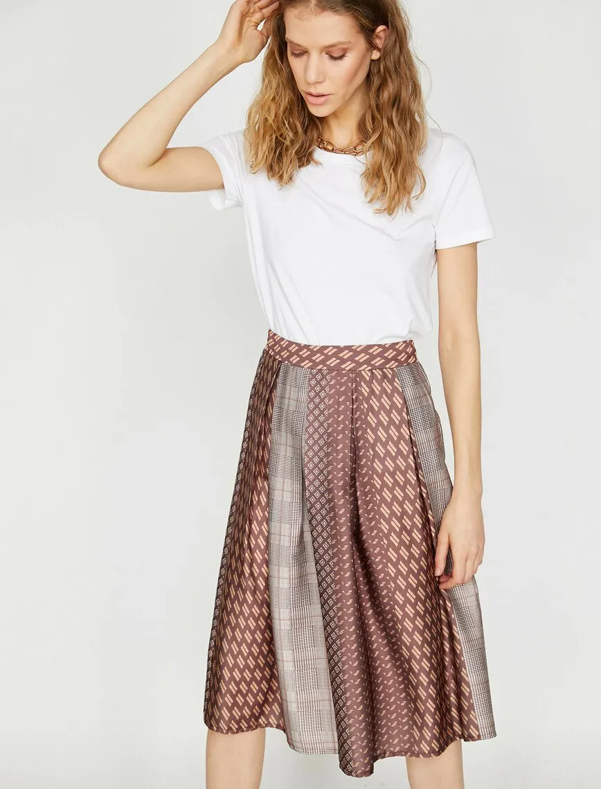 11893 Brown Patterned Midi Skirt