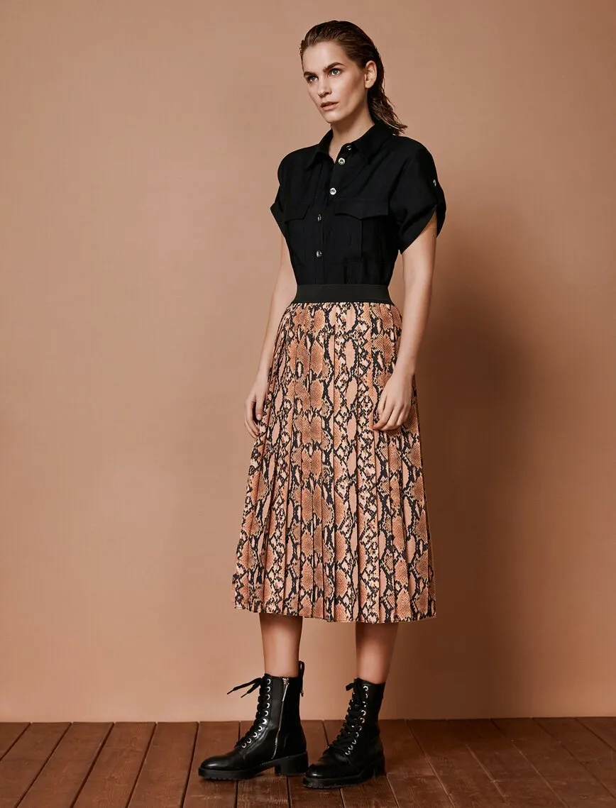 11958 Brown Snake Patterned Midi Skirt