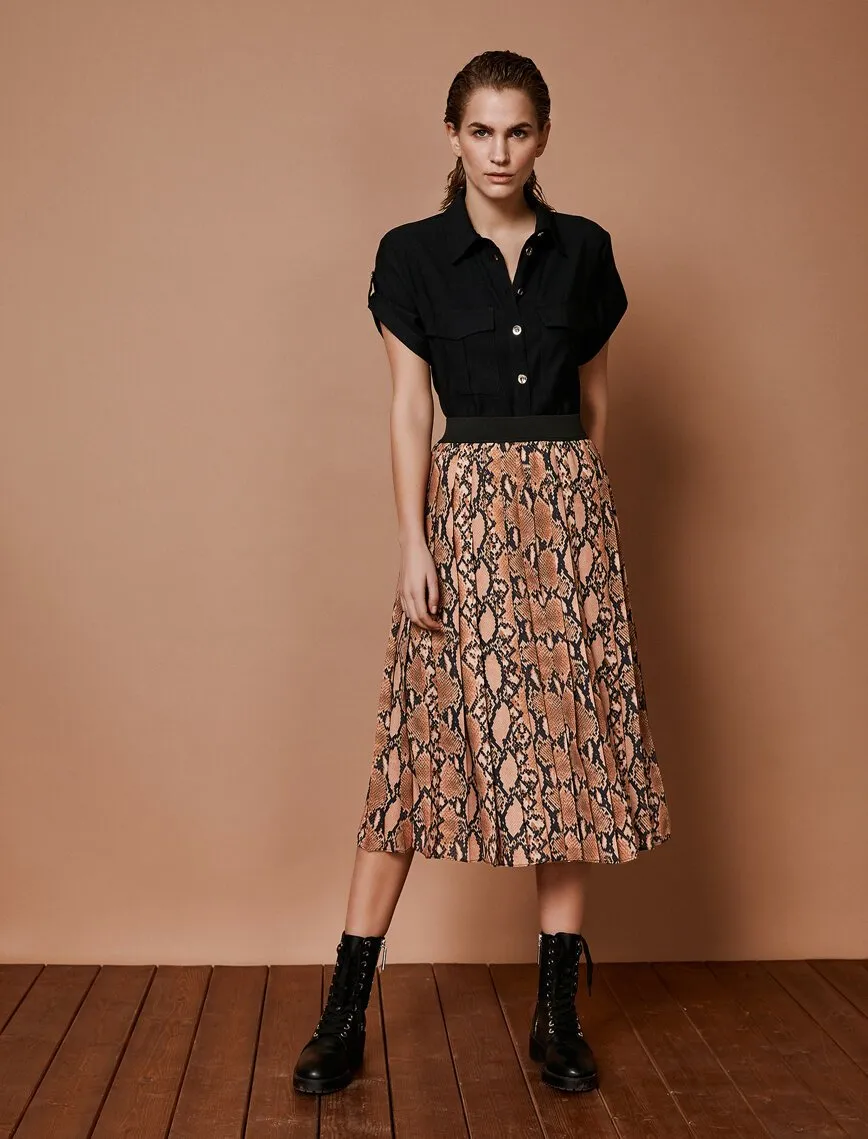 11958 Brown Snake Patterned Midi Skirt