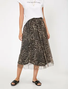 12081 Beige Leopard Patterned Midi Skirt