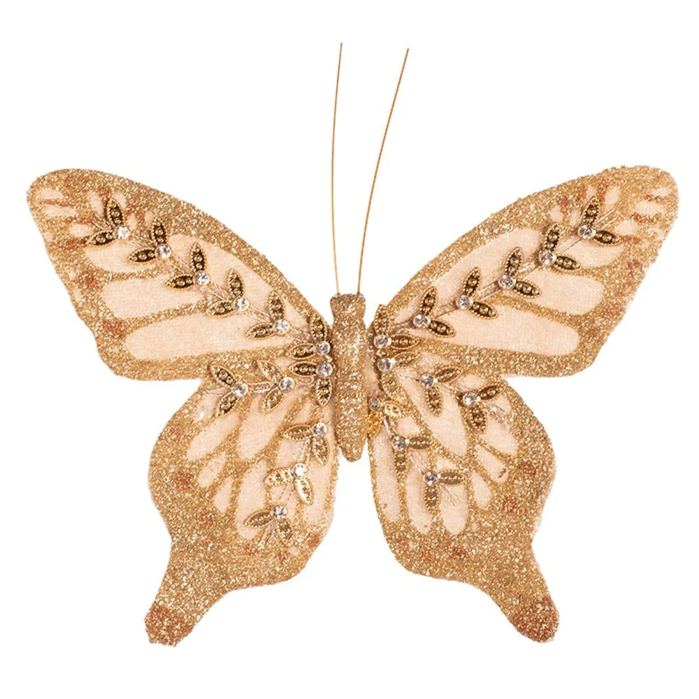 14cm Champagne Glitter Butterfly with Clip Christmas Tree Ornament