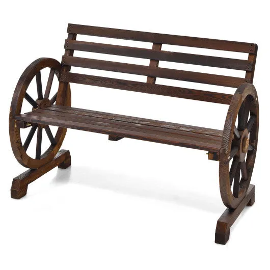 2-Person Outdoor Wooden Wagon Wheel Garden Bench-Brown