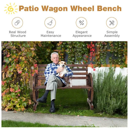 2-Person Outdoor Wooden Wagon Wheel Garden Bench-Brown