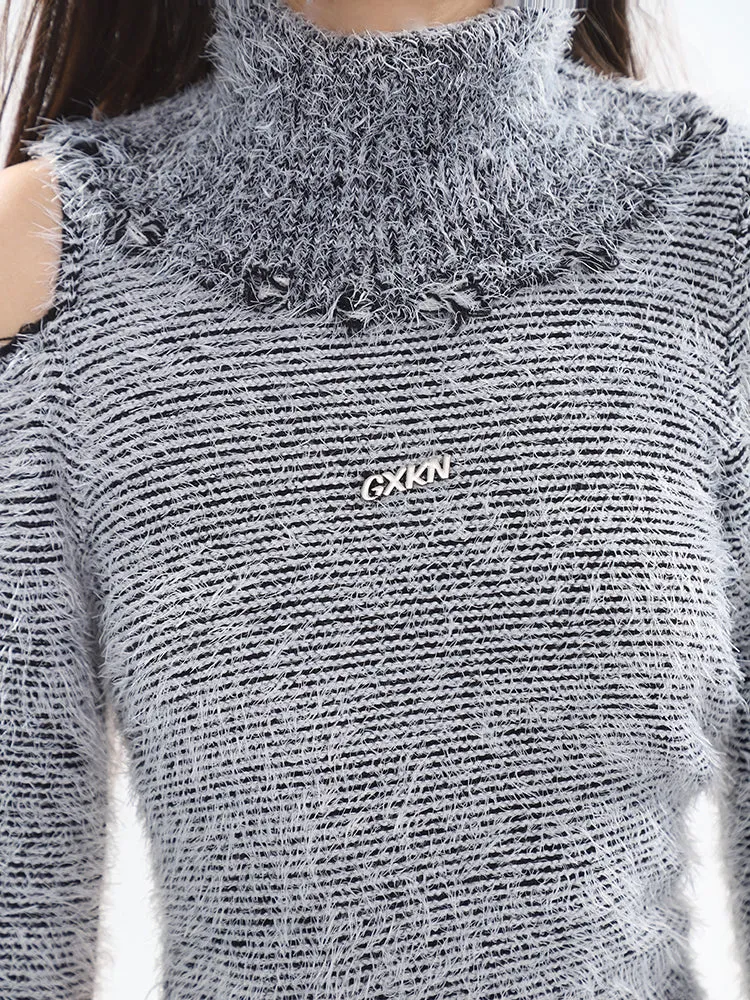 【23s October.】Hollow Off-shoulder Turtleneck Knitted Sweater