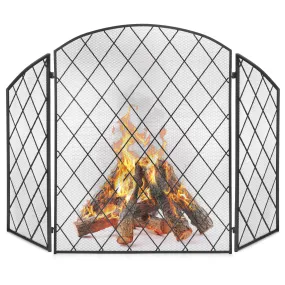 3-Panel 50x30in Wrought Iron Mesh Fireplace Screen Spark Guard Gate