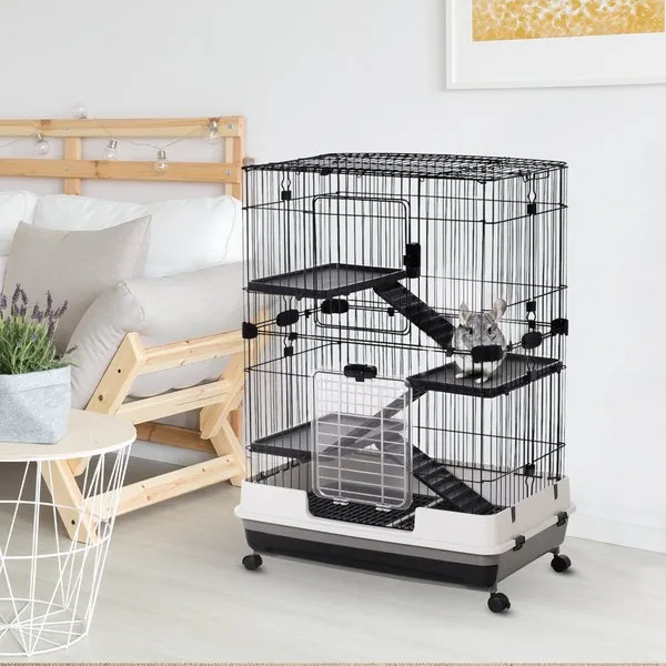 3-Tier Indoor Hutch, Metal Wire Cage For Guinea Pigs & Other Small Animals - Black/White