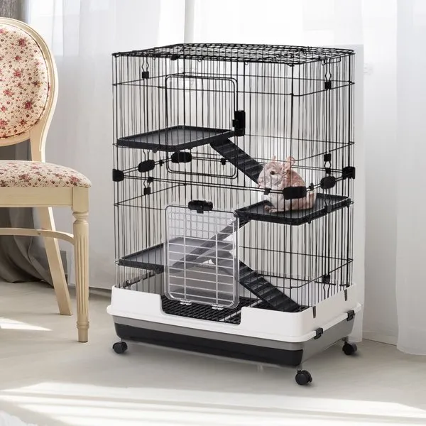 3-Tier Indoor Hutch, Metal Wire Cage For Guinea Pigs & Other Small Animals - Black/White