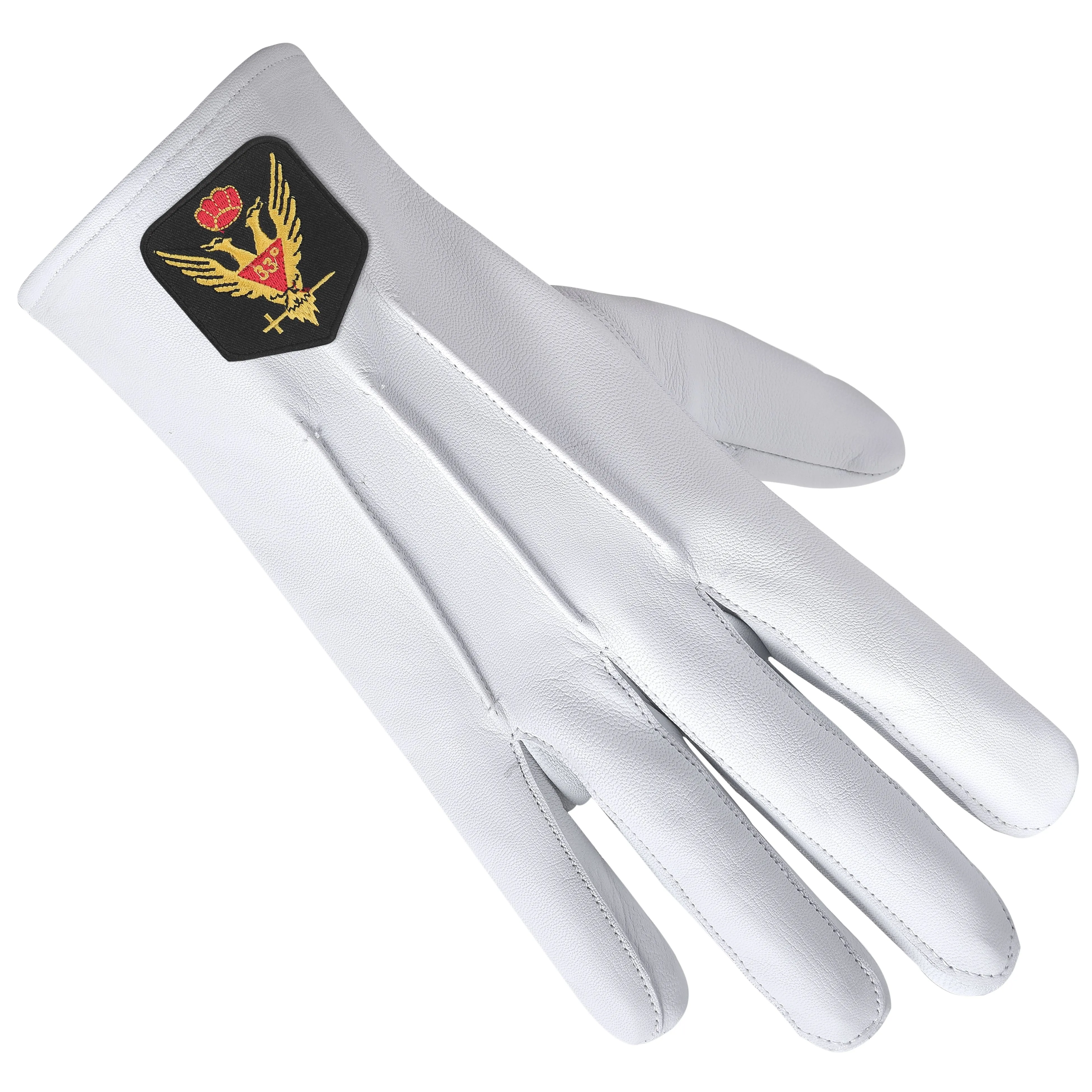 33rd Degree Scottish Rite Gloves - White Leather With Gold Emblem