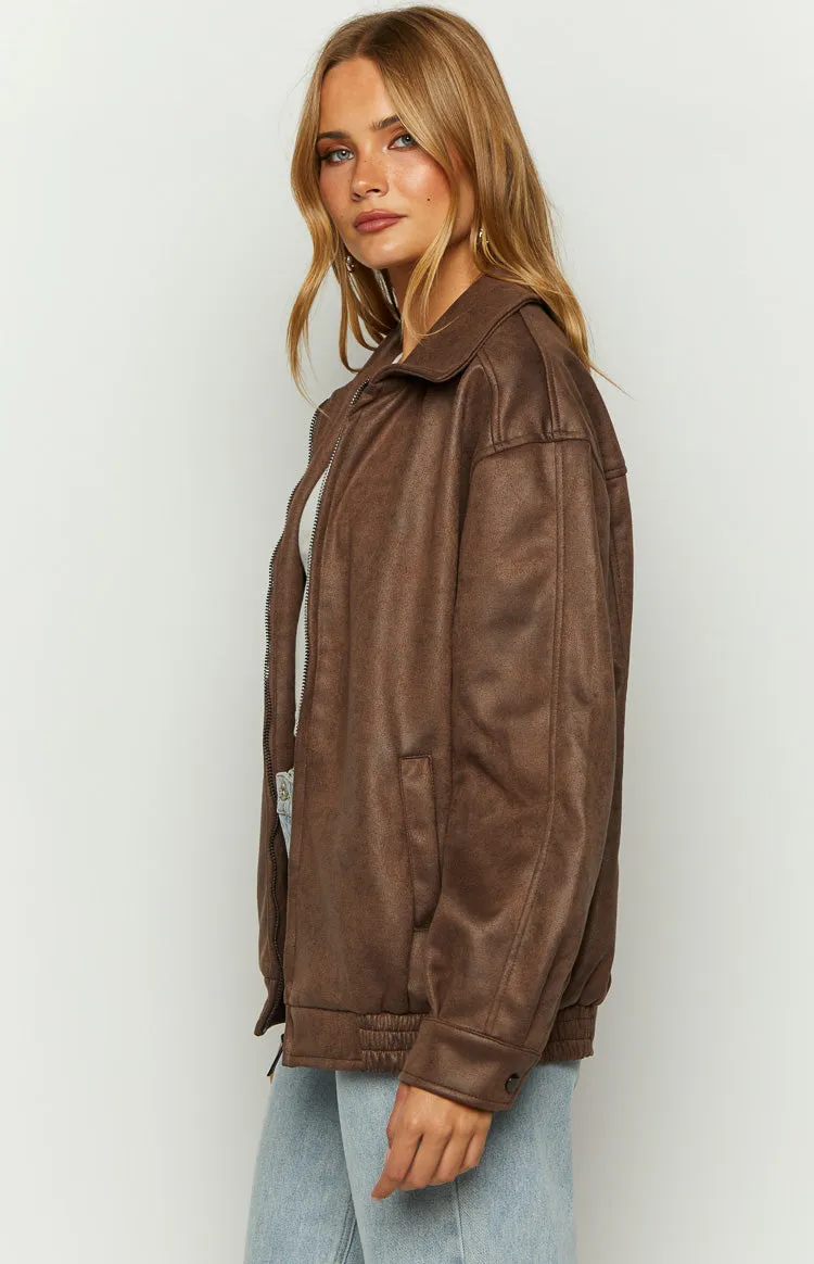 Abbi Brown Faux Suede Bomber Jacket