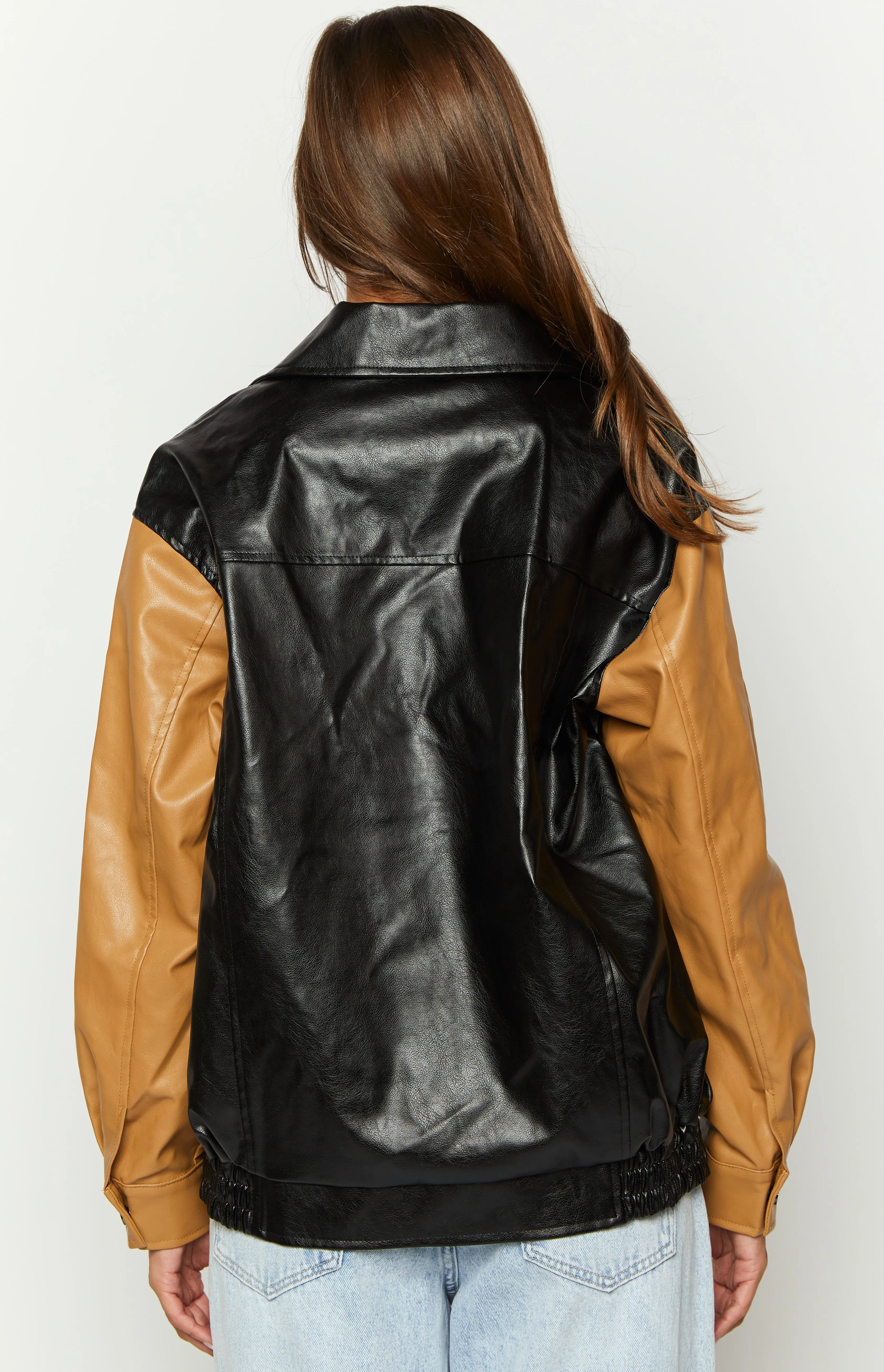 Abbi PU Black And Brown Contrast Bomber Jacket