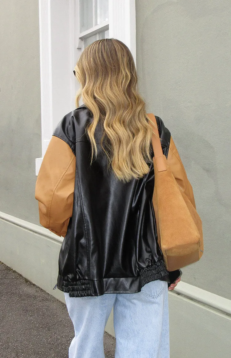 Abbi PU Black And Brown Contrast Bomber Jacket