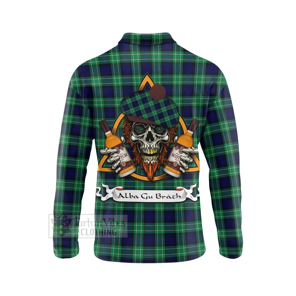 Abercrombie Tartan Long Sleeve Polo Shirt with Family Crest and Bearded Skull Holding Bottles of Whiskey