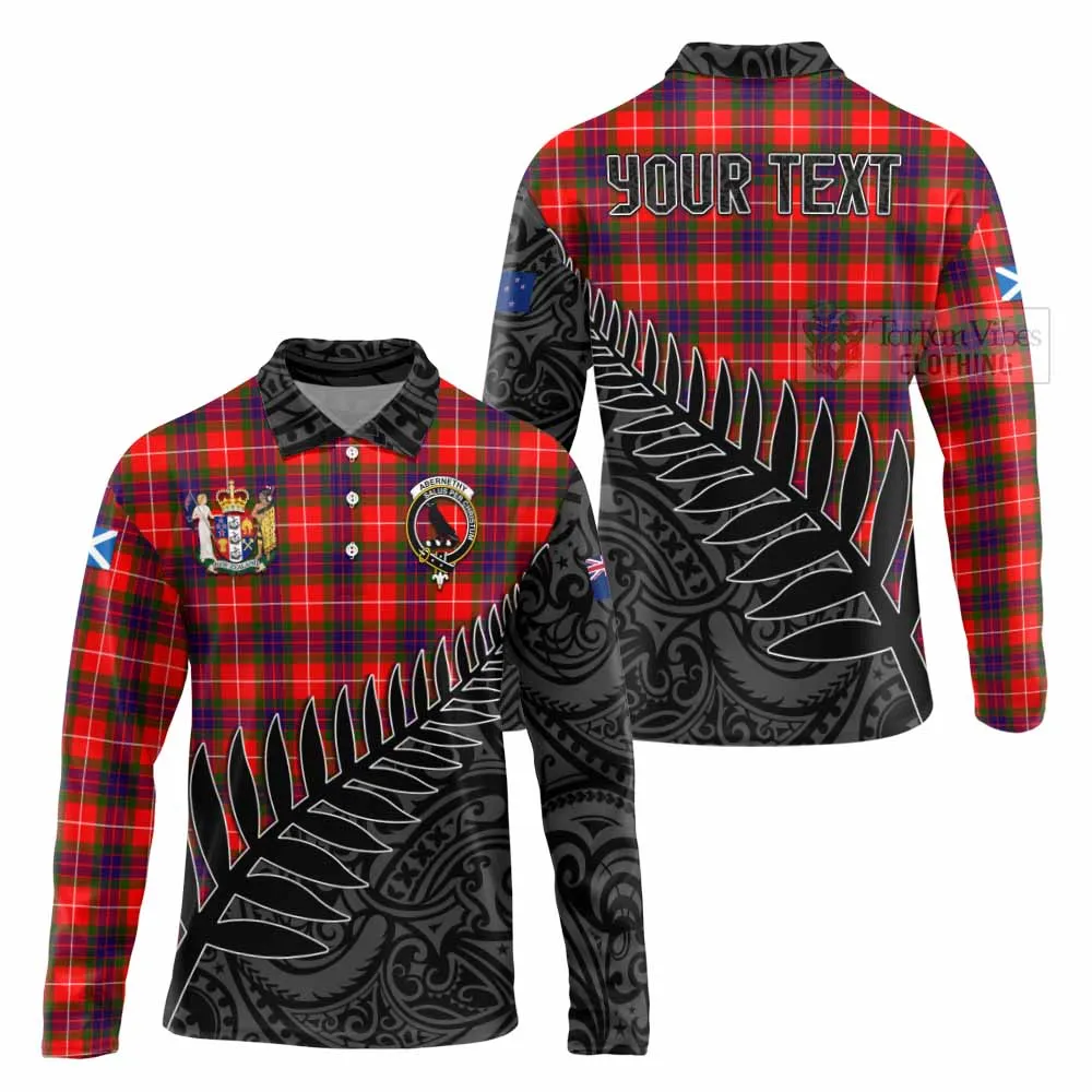 Abernethy Crest Tartan Long Sleeve Polo Shirt with New Zealand Silver Fern Half Style