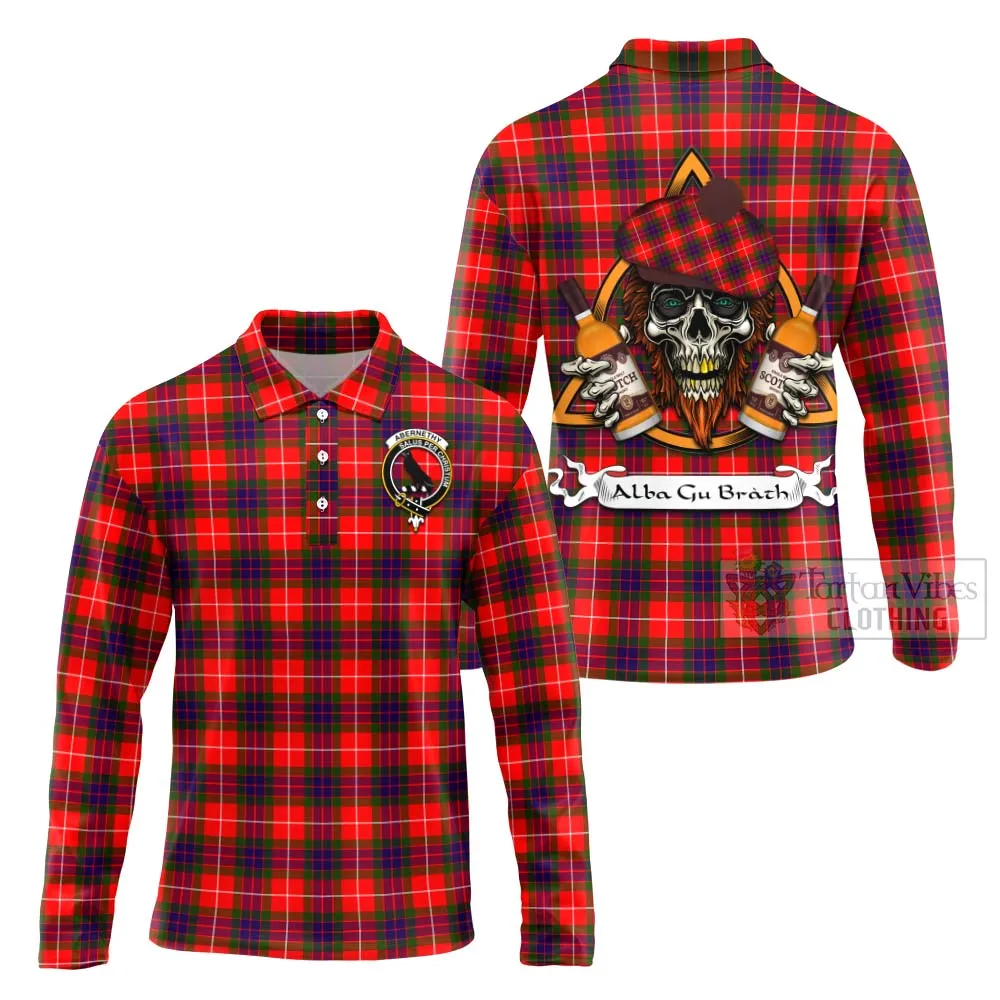 Abernethy Tartan Long Sleeve Polo Shirt with Family Crest and Bearded Skull Holding Bottles of Whiskey