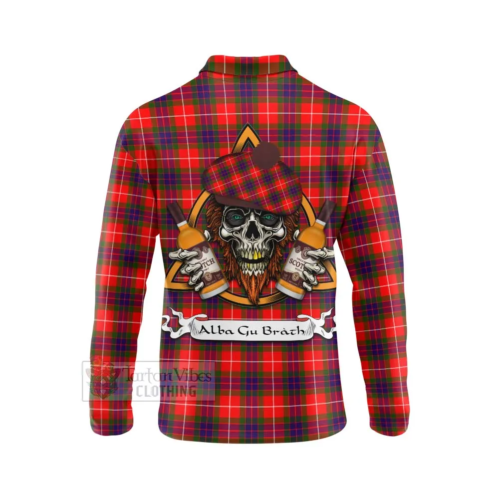 Abernethy Tartan Long Sleeve Polo Shirt with Family Crest and Bearded Skull Holding Bottles of Whiskey