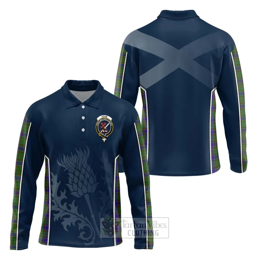 Adam Tartan Long Sleeve Polo Shirt with Family Crest and Scottish Thistle Vibes Sport Style