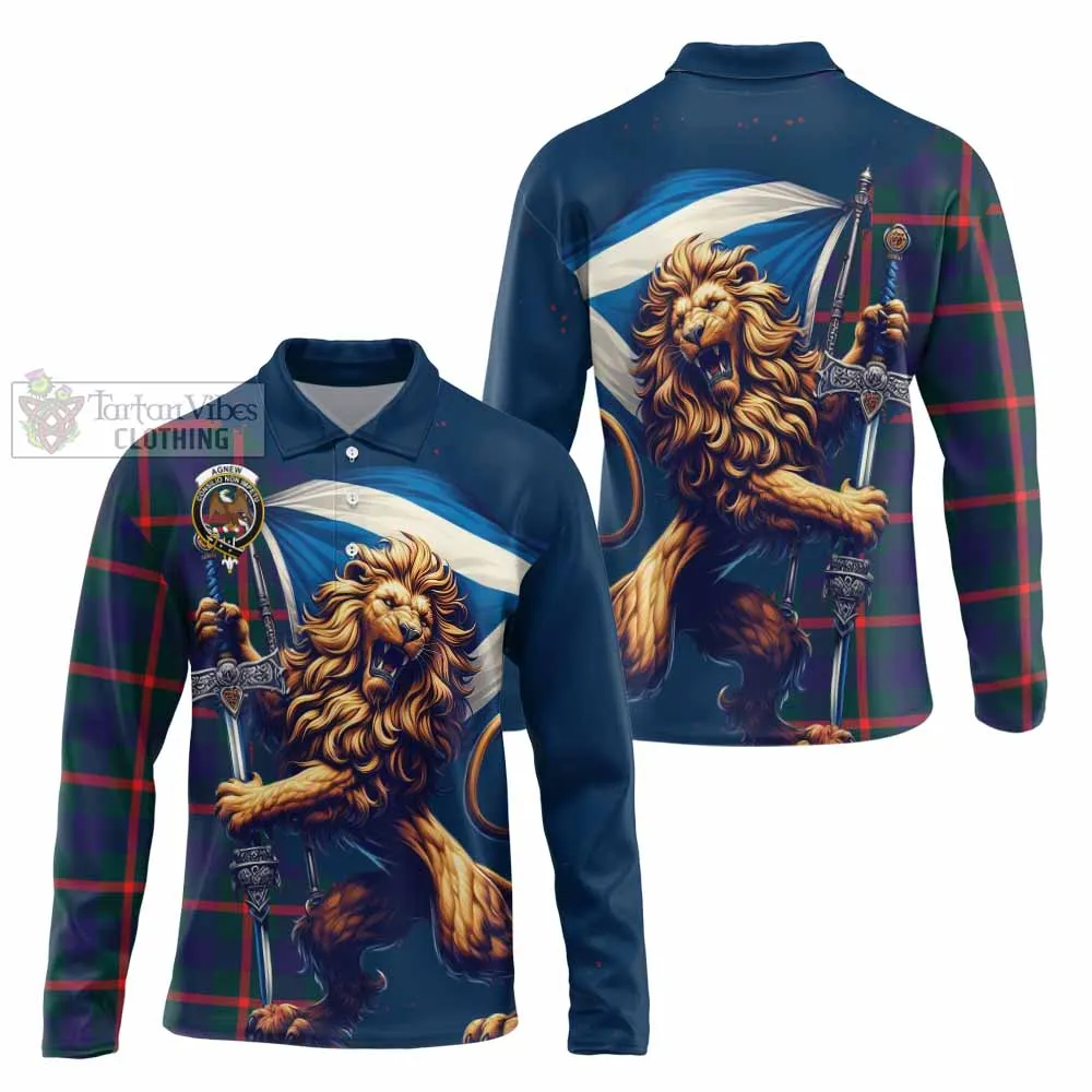 Agnew Tartan Family Crest Long Sleeve Polo Shirt with Scottish Majestic Lion