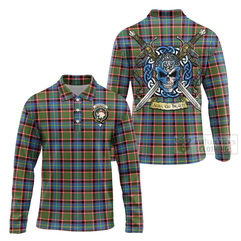 Aikenhead Tartan Long Sleeve Polo Shirt with Family Crest Celtic Skull Style