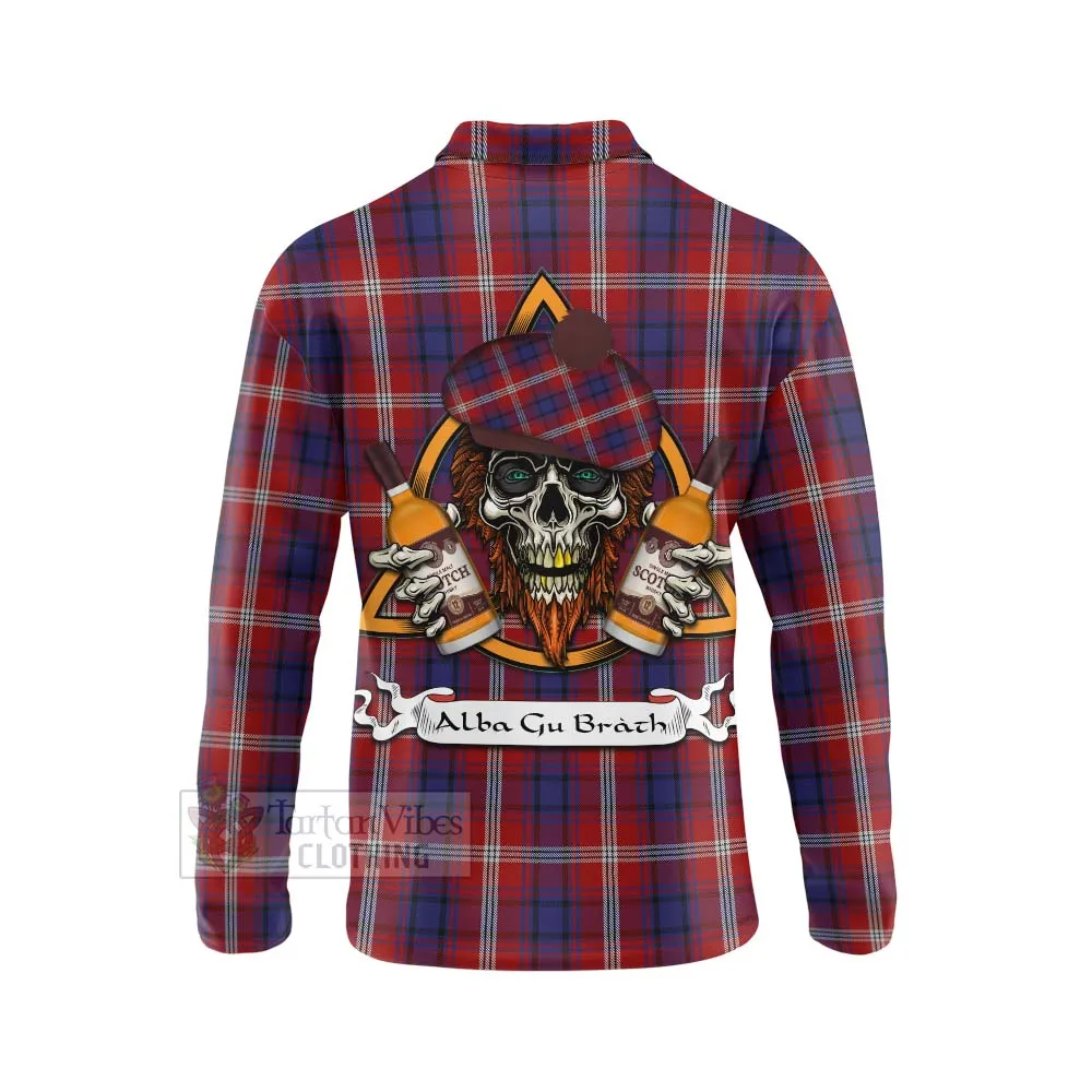 Ainslie Tartan Long Sleeve Polo Shirt with Family Crest and Bearded Skull Holding Bottles of Whiskey