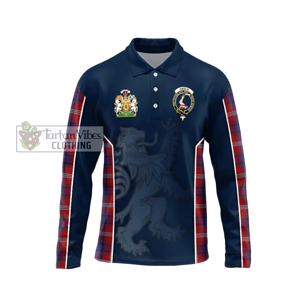 Ainslie Tartan Long Sleeve Polo Shirt with Family Crest and Lion Rampant Vibes Sport Style