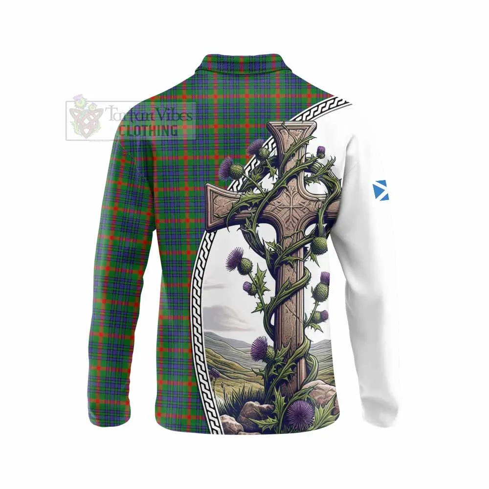 Aiton Tartan Long Sleeve Polo Shirt with Family Crest and St. Andrew's Cross Accented by Thistle Vines