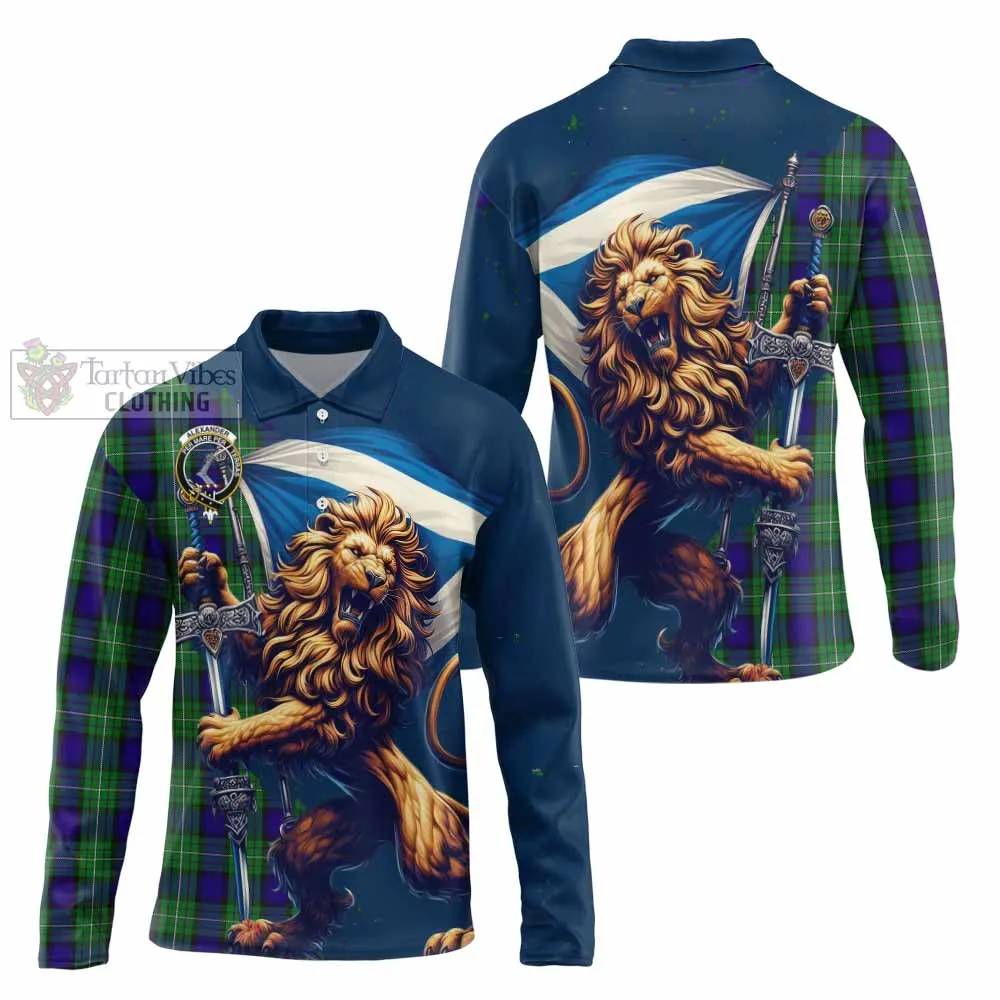 Alexander Tartan Family Crest Long Sleeve Polo Shirt with Scottish Majestic Lion