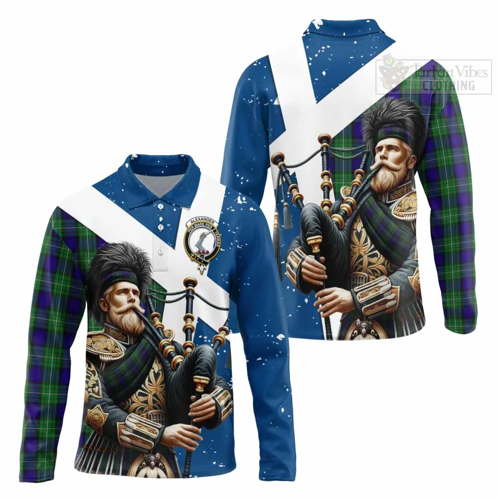 Alexander Tartan Long Sleeve Polo Shirt with Family Crest Scottish Bagpiper Vibes