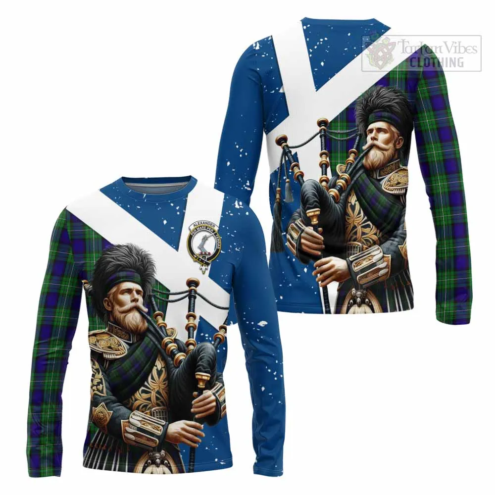 Alexander Tartan Long Sleeve T-Shirt with Family Crest Scottish Bagpiper Vibes