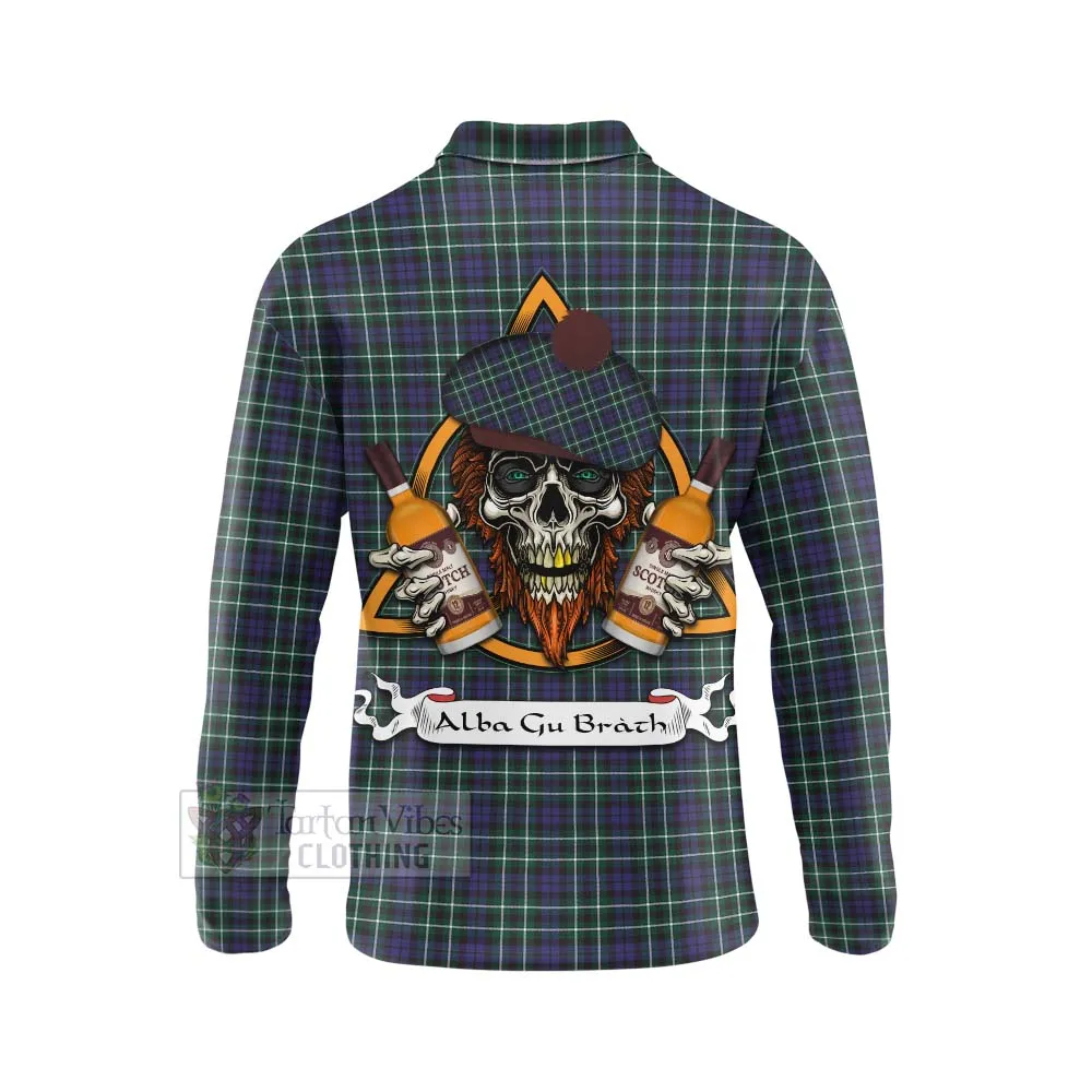 Allardice Tartan Long Sleeve Polo Shirt with Family Crest and Bearded Skull Holding Bottles of Whiskey