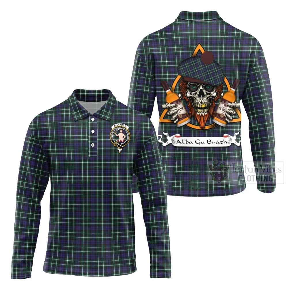 Allardice Tartan Long Sleeve Polo Shirt with Family Crest and Bearded Skull Holding Bottles of Whiskey