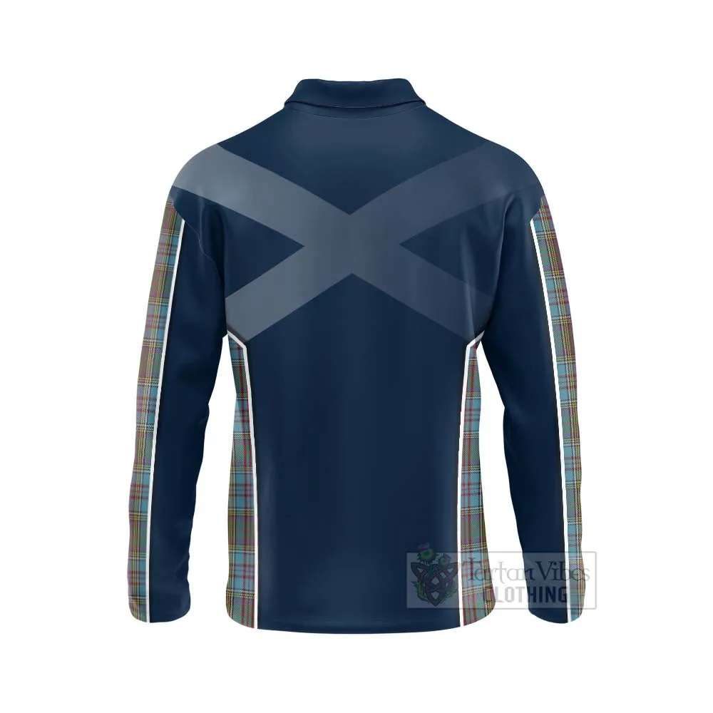 Anderson Tartan Long Sleeve Polo Shirt with Family Crest and Scottish Thistle Vibes Sport Style