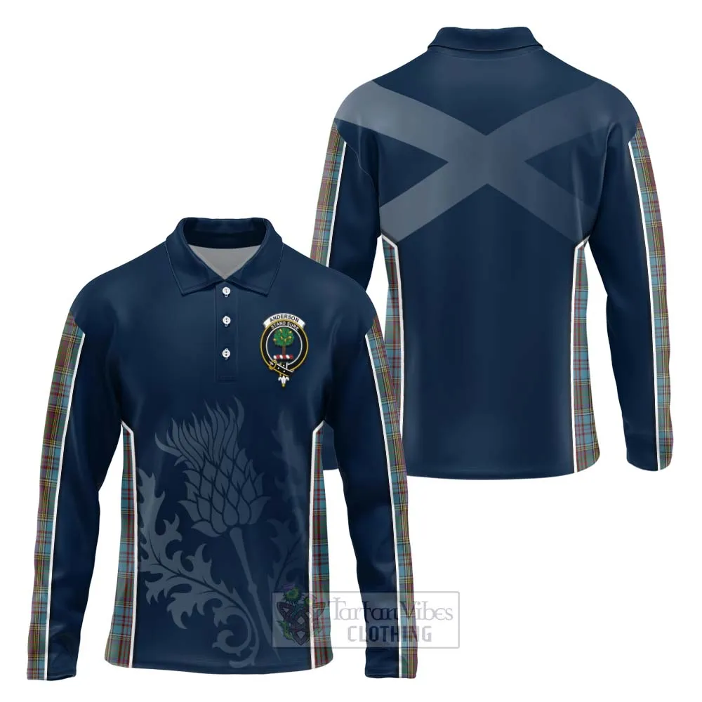 Anderson Tartan Long Sleeve Polo Shirt with Family Crest and Scottish Thistle Vibes Sport Style