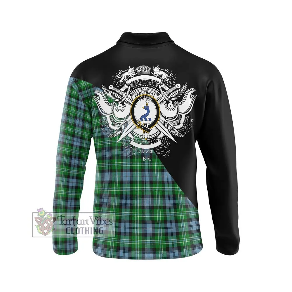 Arbuthnot Ancient Tartan Long Sleeve Polo Shirt with Family Crest and Military Logo Style