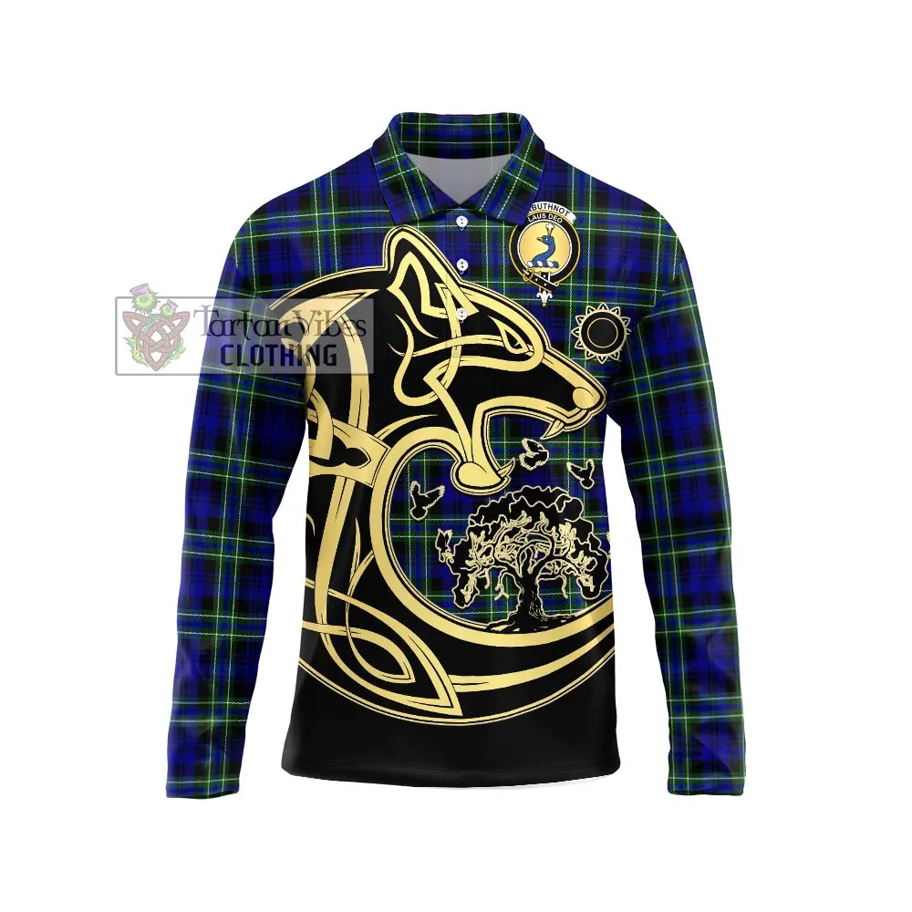 Arbuthnot Modern Tartan Long Sleeve Polo Shirt with Family Crest Celtic Wolf Style