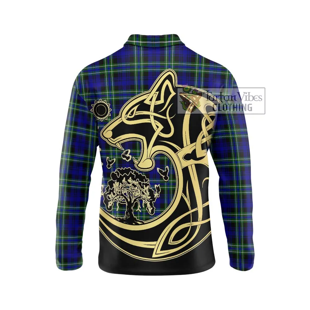 Arbuthnot Modern Tartan Long Sleeve Polo Shirt with Family Crest Celtic Wolf Style