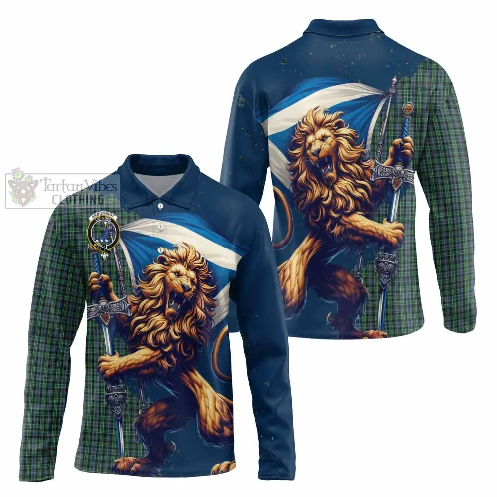 Arbuthnot Tartan Family Crest Long Sleeve Polo Shirt with Scottish Majestic Lion