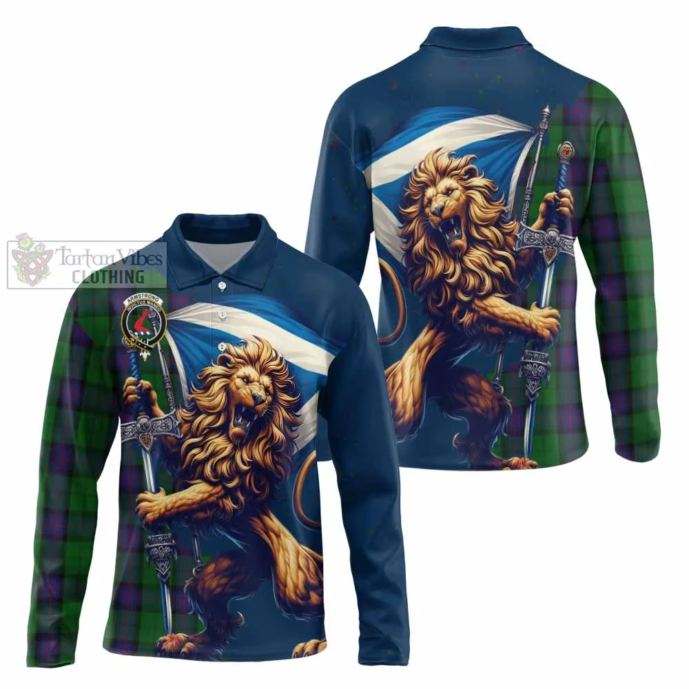 Armstrong Tartan Family Crest Long Sleeve Polo Shirt with Scottish Majestic Lion