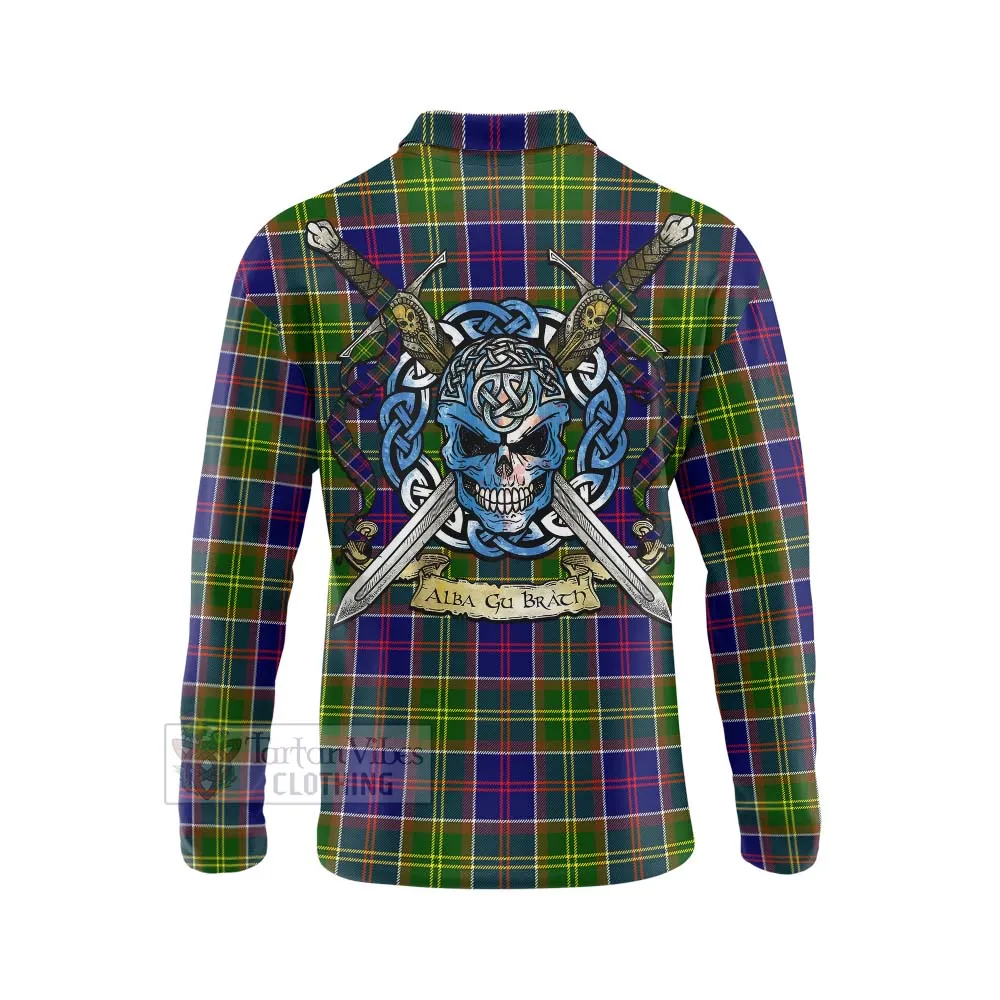 Arnott Tartan Long Sleeve Polo Shirt with Family Crest Celtic Skull Style