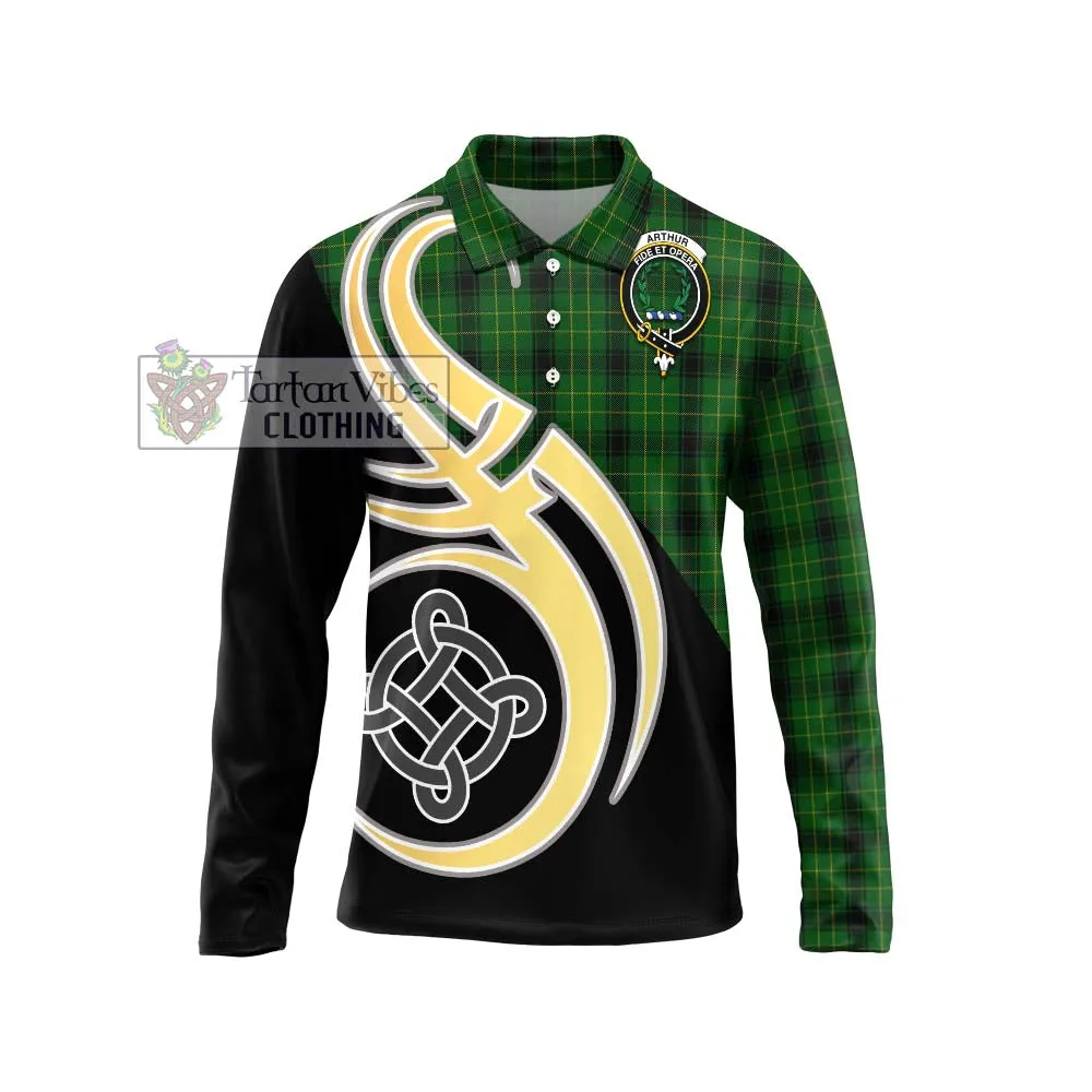 Arthur Highland Tartan Long Sleeve Polo Shirt with Family Crest and Celtic Symbol Style