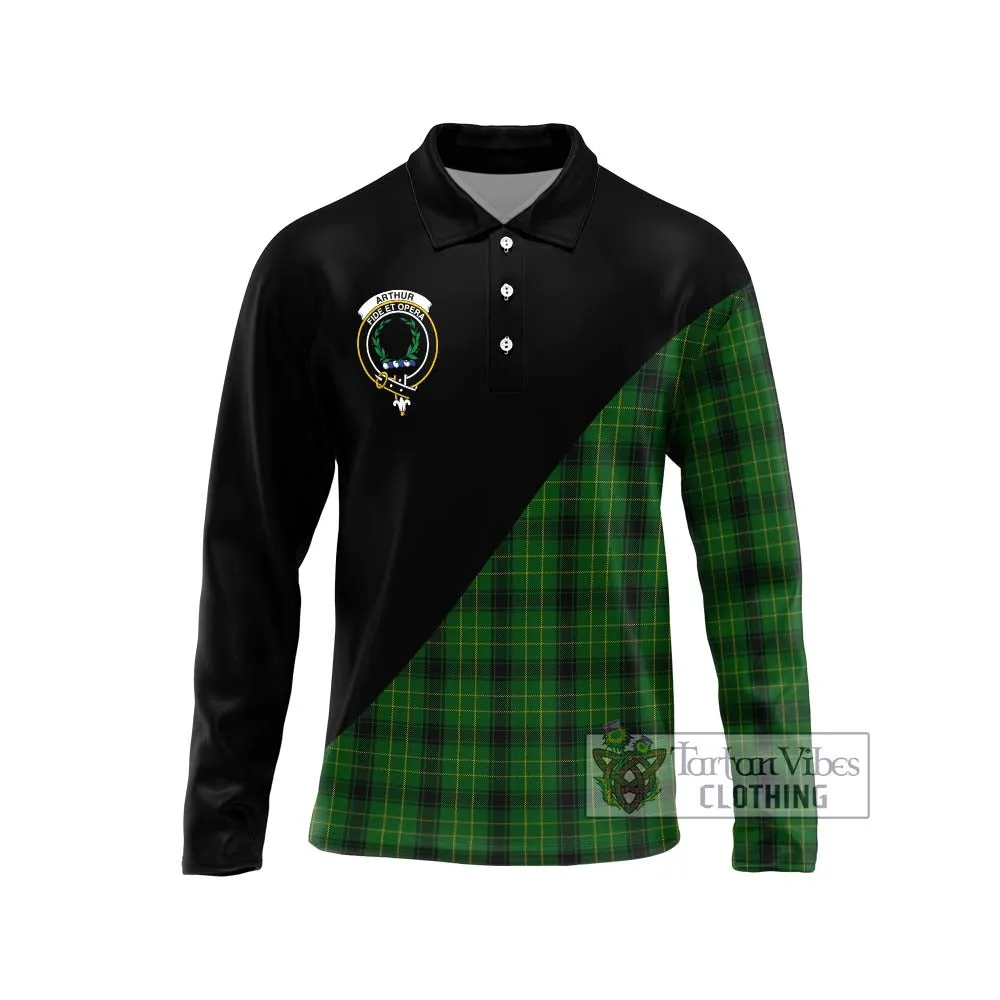 Arthur Highland Tartan Long Sleeve Polo Shirt with Family Crest and Military Logo Style