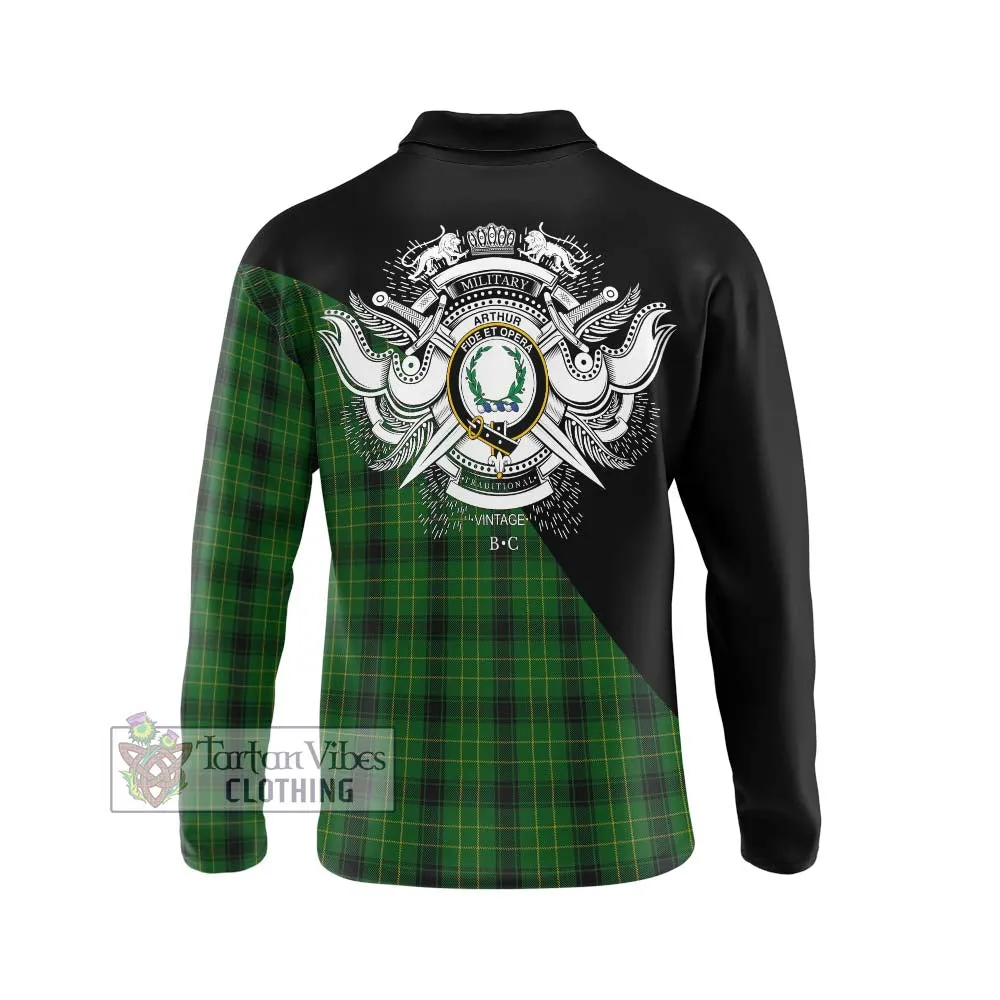 Arthur Highland Tartan Long Sleeve Polo Shirt with Family Crest and Military Logo Style