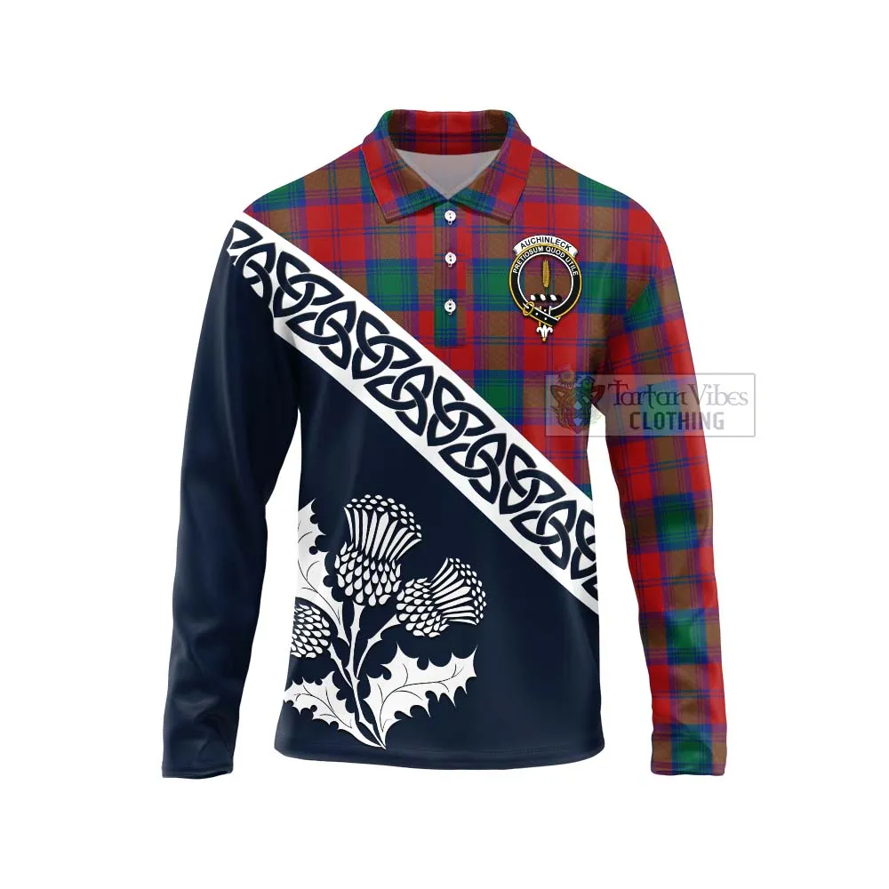 Auchinleck (Affleck) Tartan Long Sleeve Polo Shirt Featuring Thistle and Scotland Map