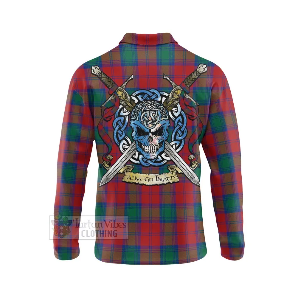 Auchinleck (Affleck) Tartan Long Sleeve Polo Shirt with Family Crest Celtic Skull Style