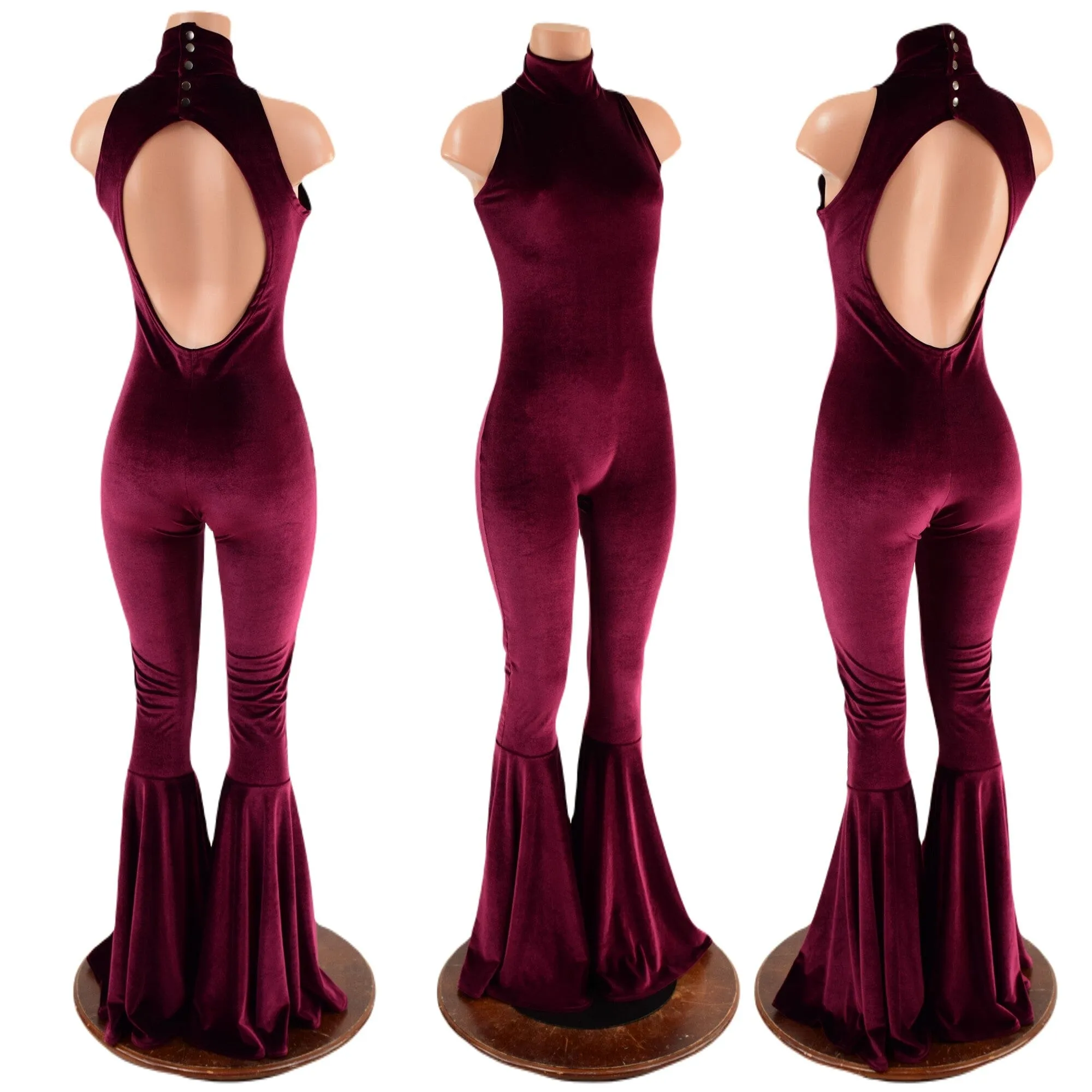 Backless, Bell Bottom Burgundy Velvet Catsuit with Snap Back Turtleneck