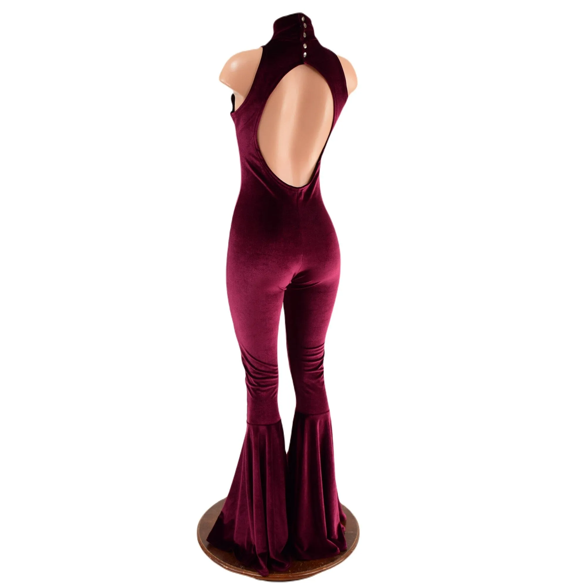 Backless, Bell Bottom Burgundy Velvet Catsuit with Snap Back Turtleneck