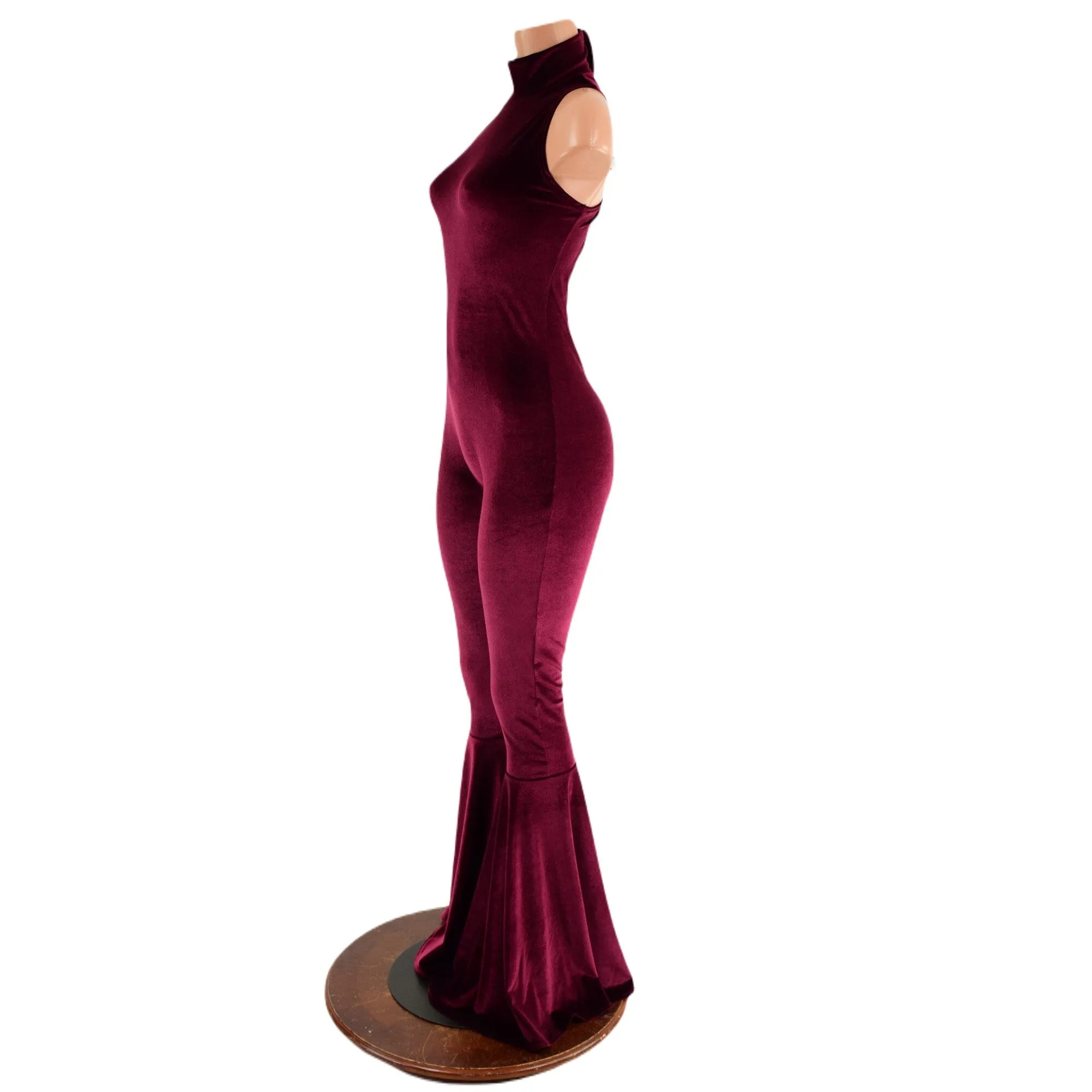 Backless, Bell Bottom Burgundy Velvet Catsuit with Snap Back Turtleneck