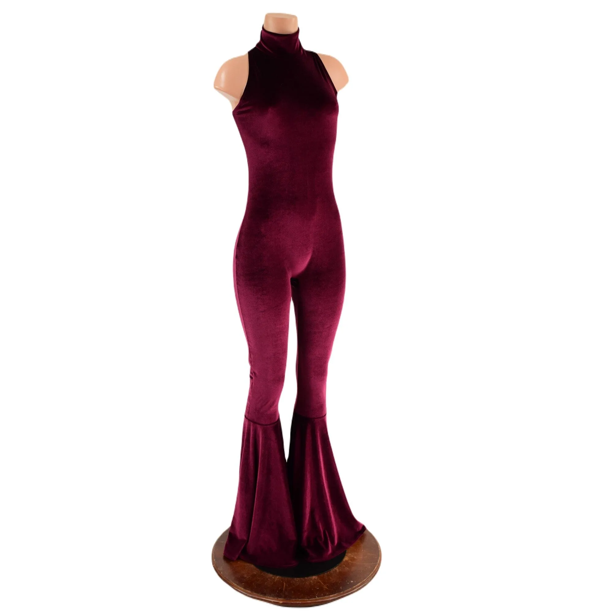 Backless, Bell Bottom Burgundy Velvet Catsuit with Snap Back Turtleneck