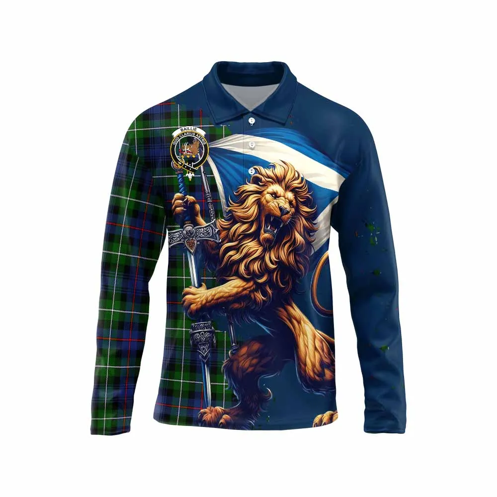 Baillie (Bailey) Tartan Family Crest Long Sleeve Polo Shirt with Scottish Majestic Lion