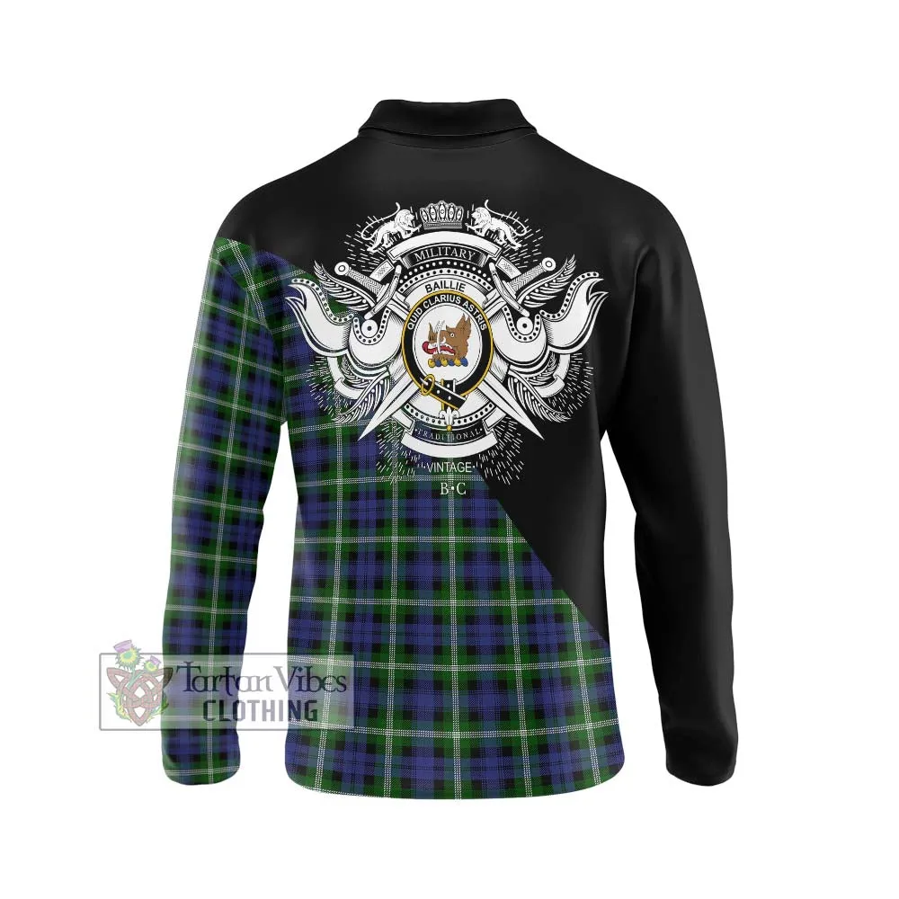 Baillie (Bailey) Tartan Long Sleeve Polo Shirt with Family Crest and Military Logo Style